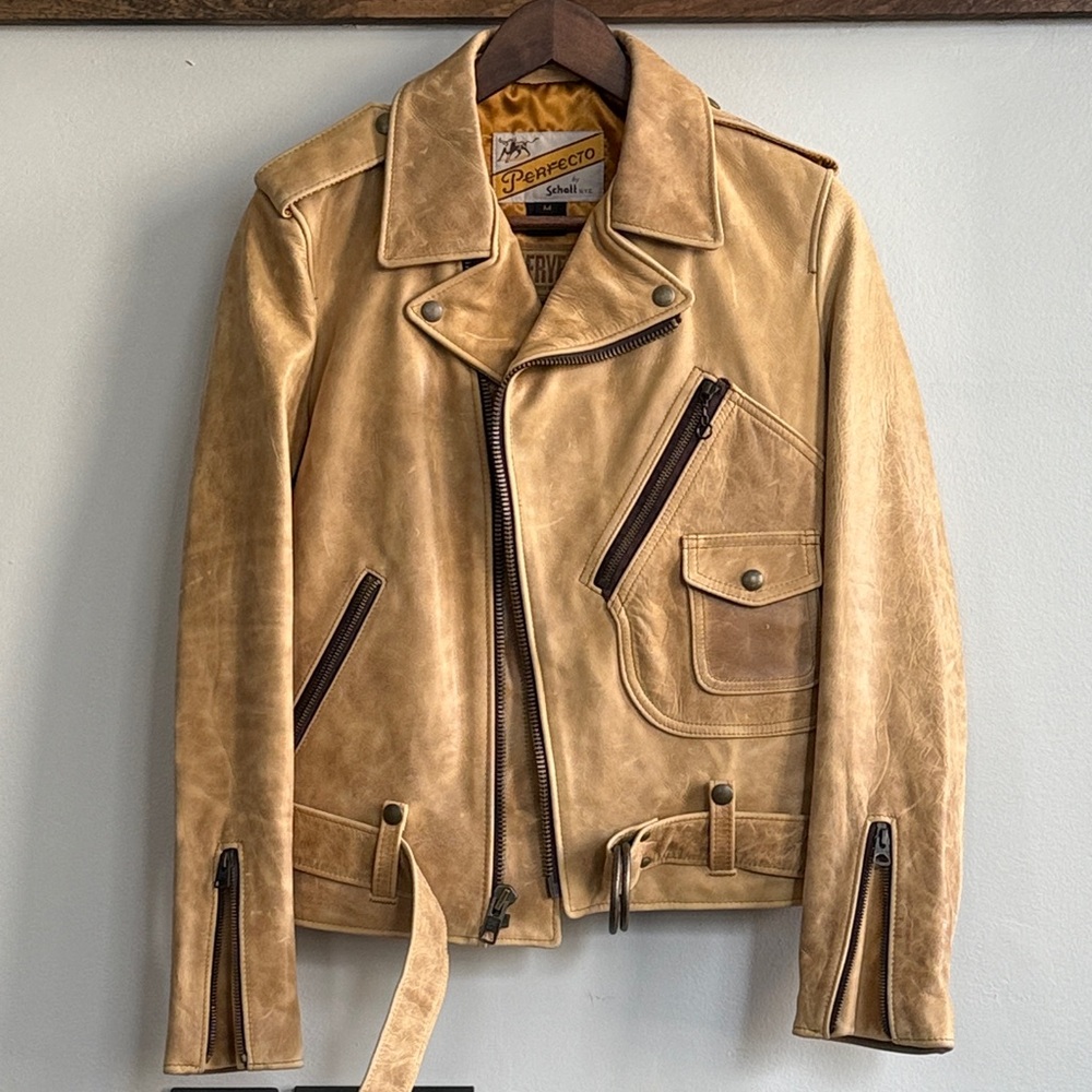 Schott NYC x FRYE Perfecto Leather Jacket Beige